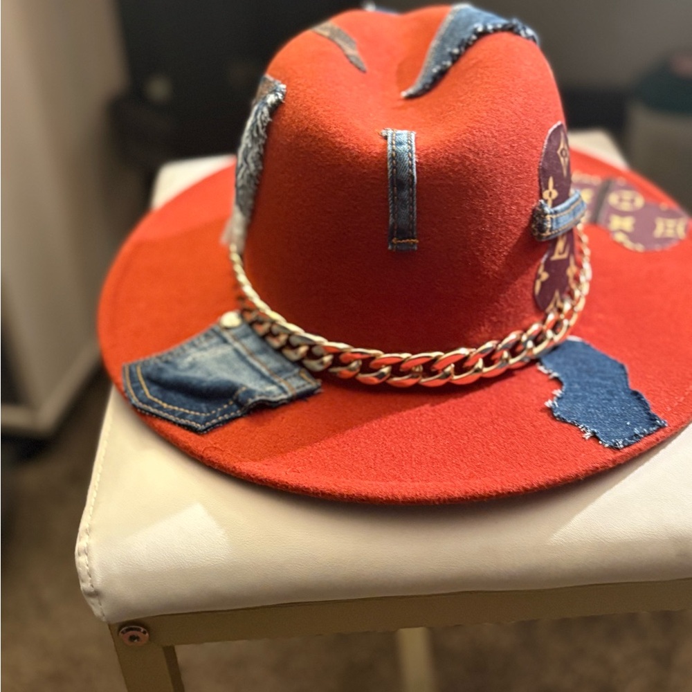 Red Patchwork Fedora With Chain Detail - image 4